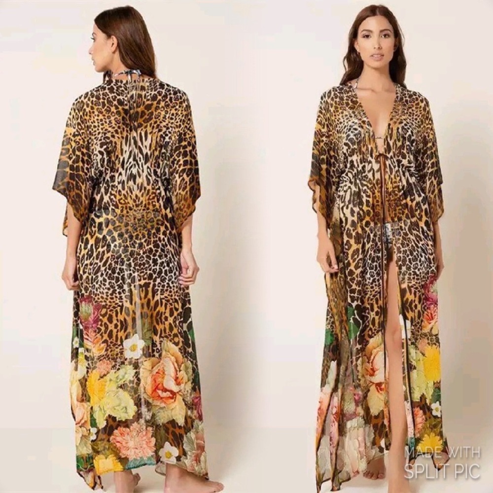 Restocked New Bohemian Leopard Floral Kimono Duster Jacket Robe Swim Cover Up - Picture 2 of 3